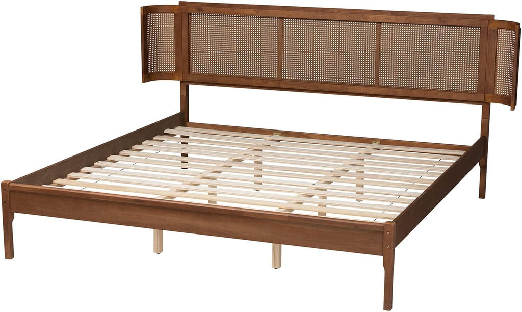 Wood and Rattan Platform Bed with Rounded Headboard