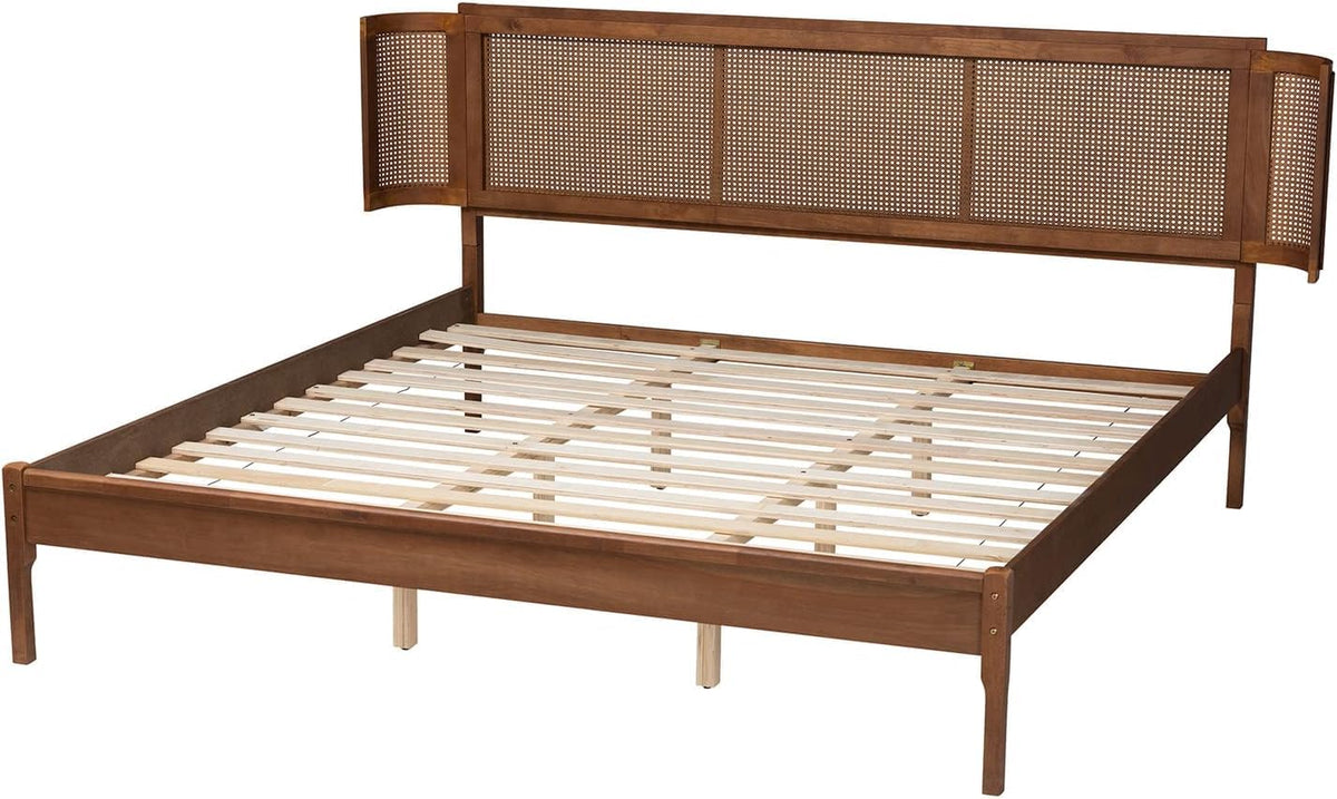 Wood and Rattan Platform Bed with Rounded Headboard
