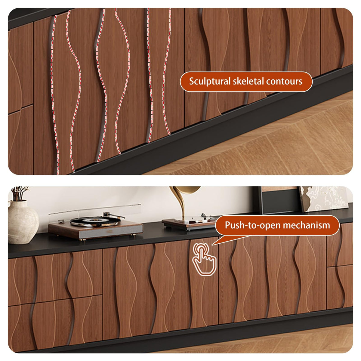 Wavy-Panel Media Console with Concealed Storage