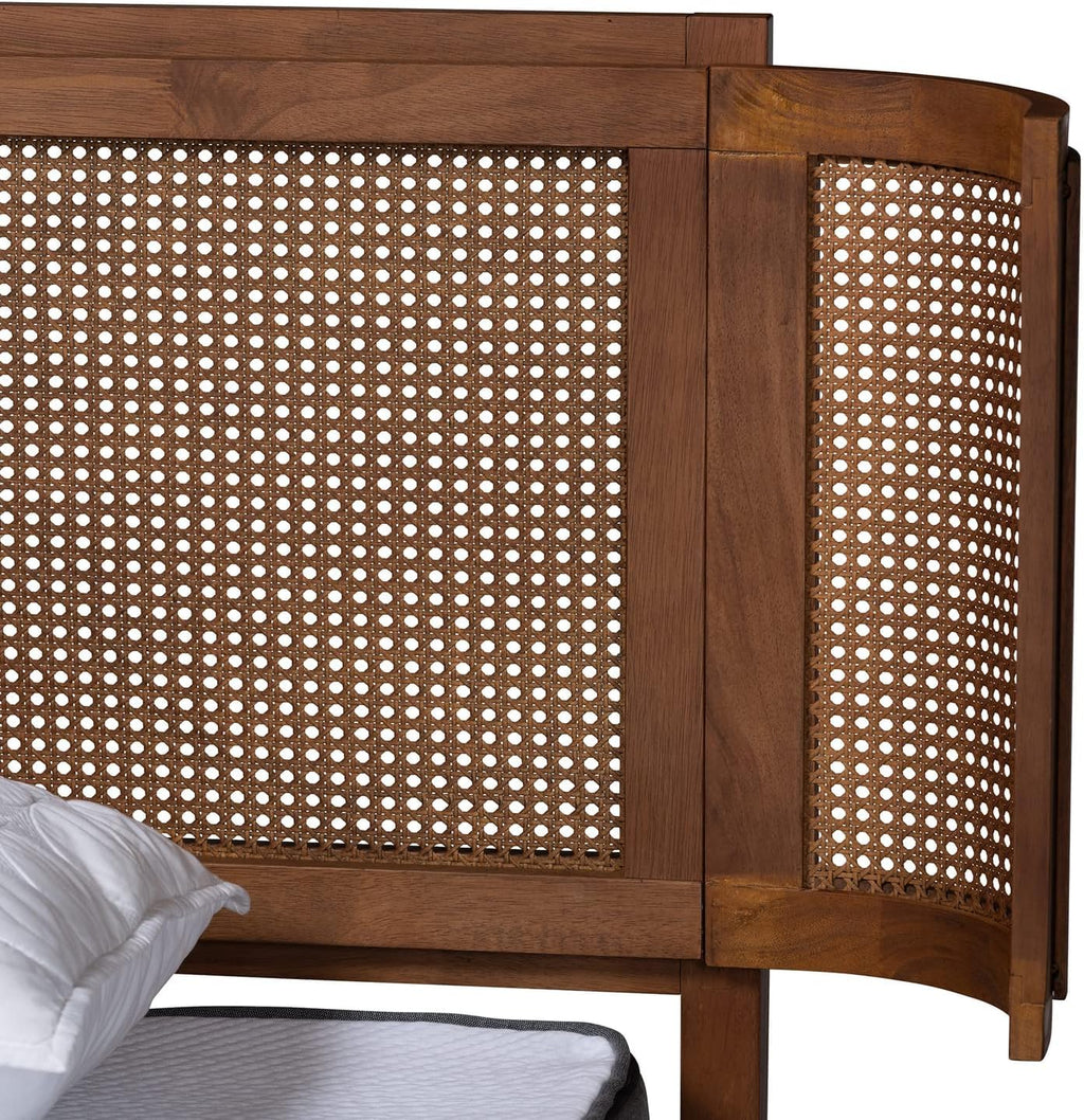 Wood and Rattan Platform Bed with Rounded Headboard