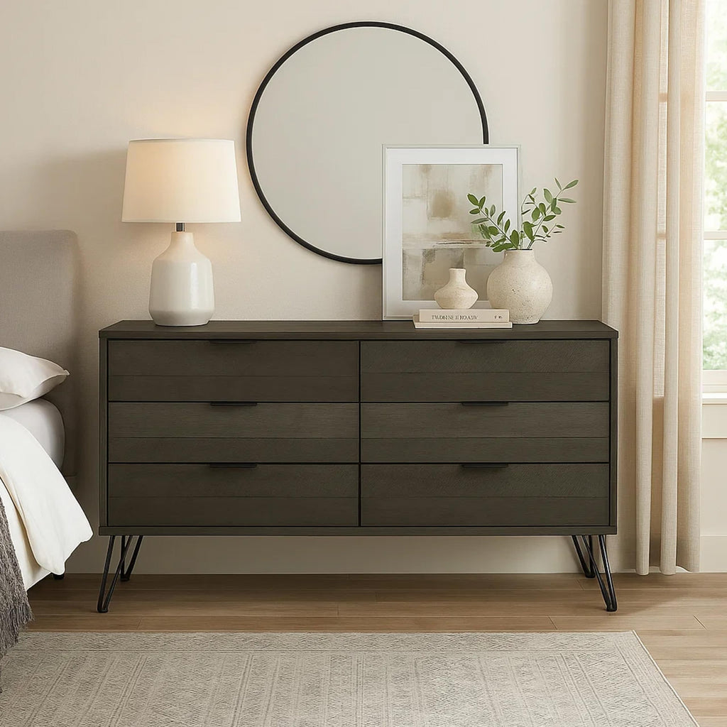 Grey Six-Drawer Dresser with Metal Hairpin Legs