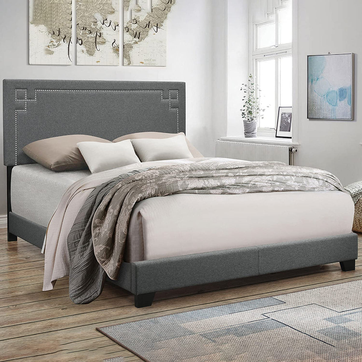 Grey Upholstered Platform Bed Frame with Slats