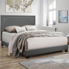 Grey Upholstered Platform Bed Frame with Slats
