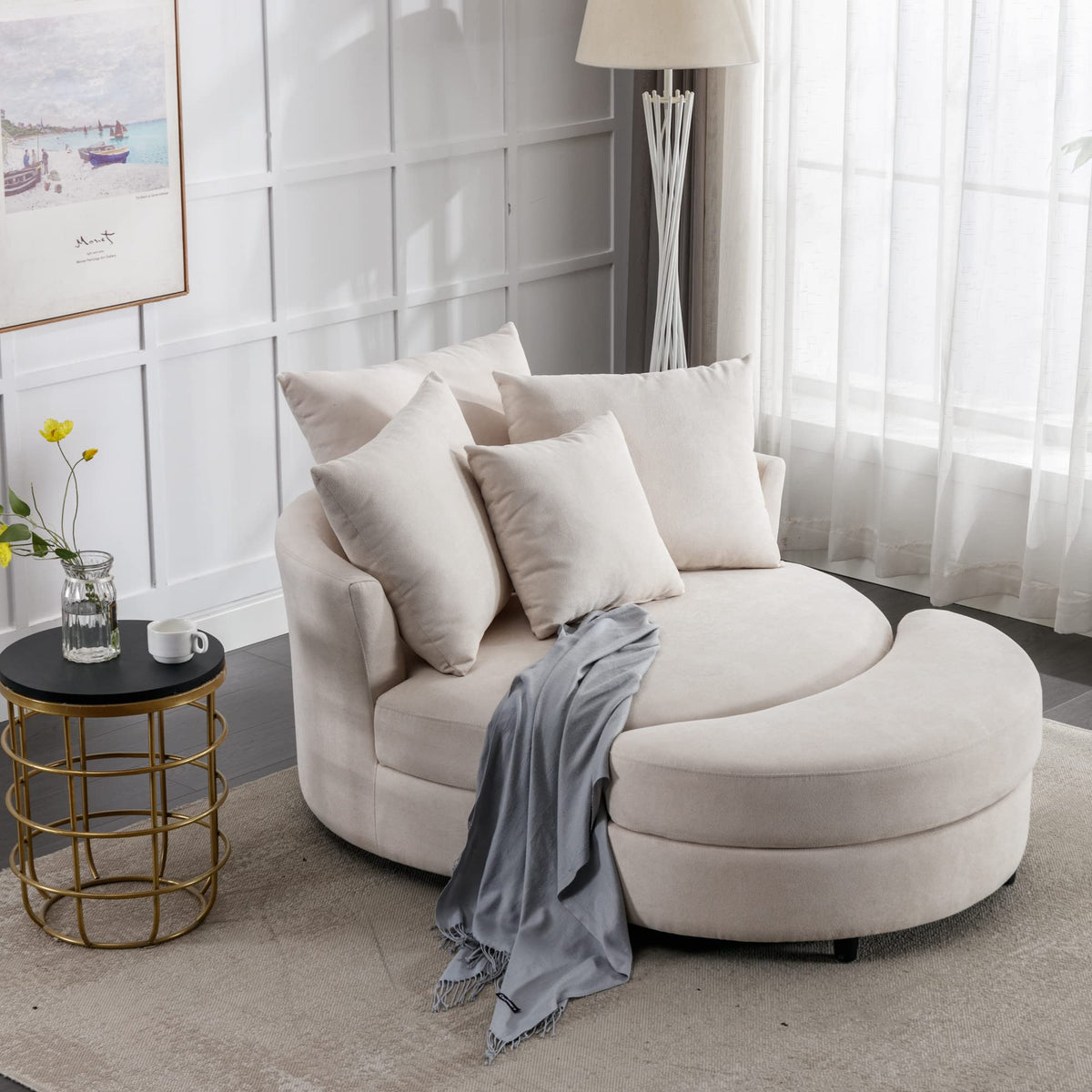 Cream Swivel Barrel Chair with Storage Ottoman