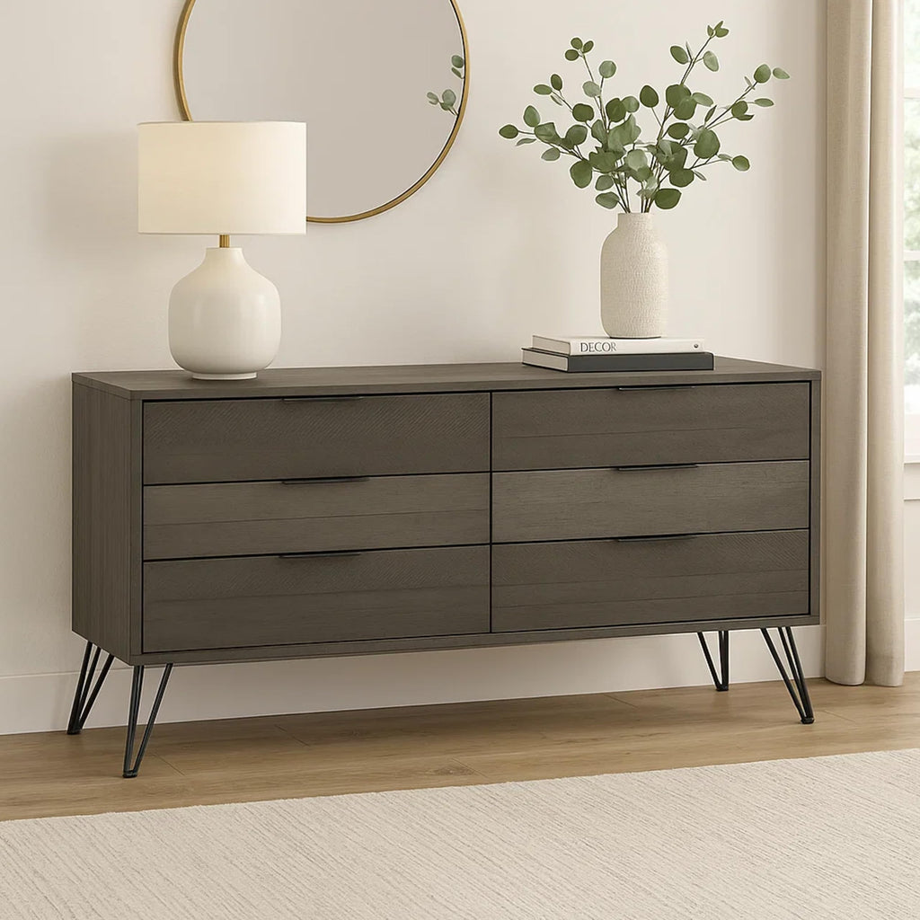 Grey Six-Drawer Dresser with Metal Hairpin Legs