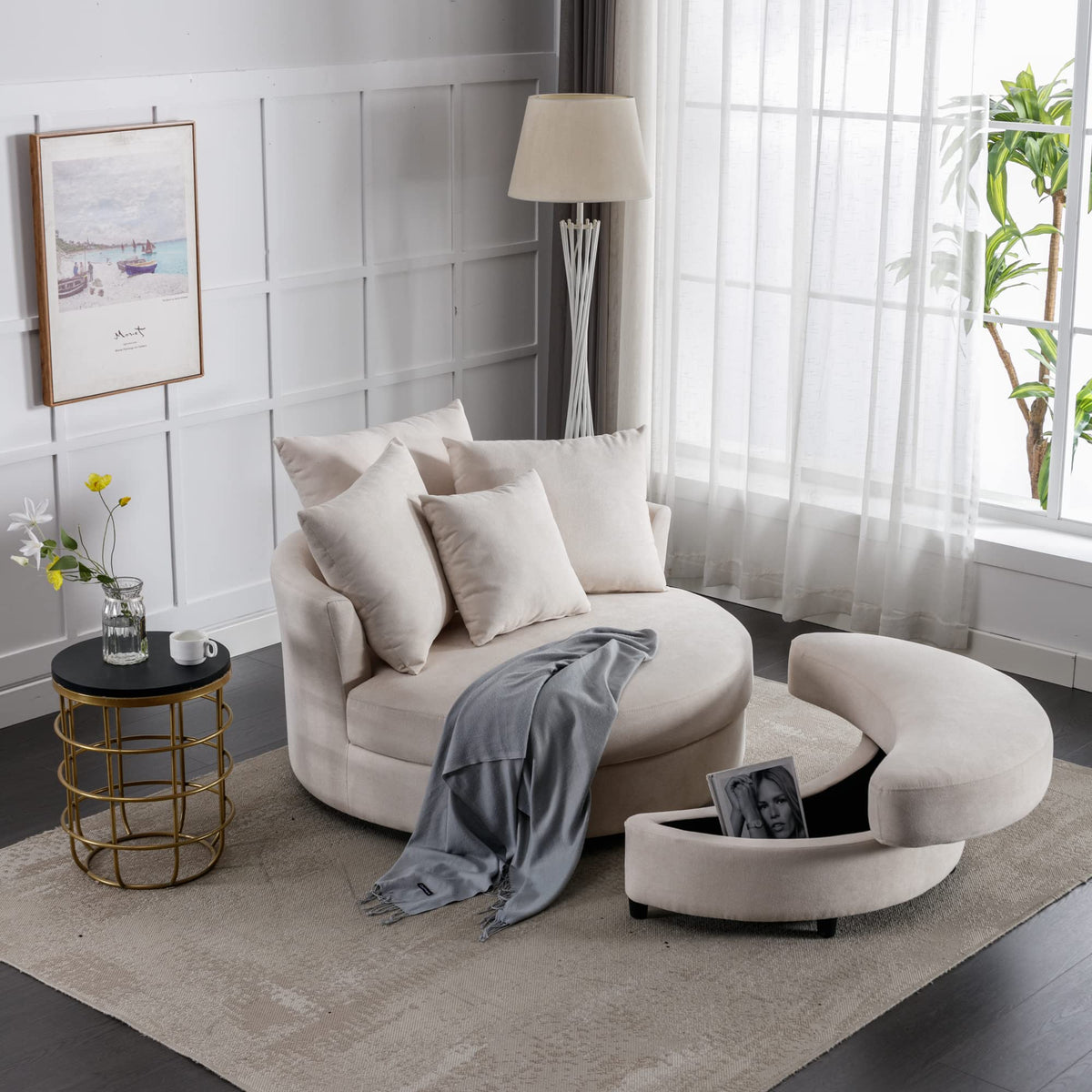 Cream Swivel Barrel Chair with Storage Ottoman