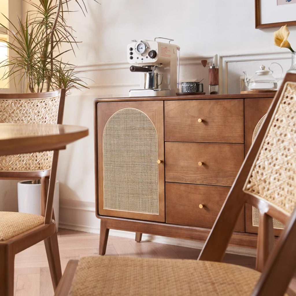 Wood and Rattan Sideboard, 130 x 40 x 84 cm