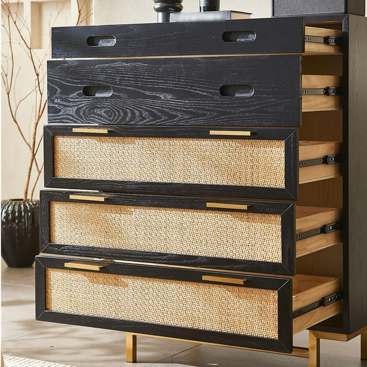 Wood and Rattan Four-Tier Drawer Chest