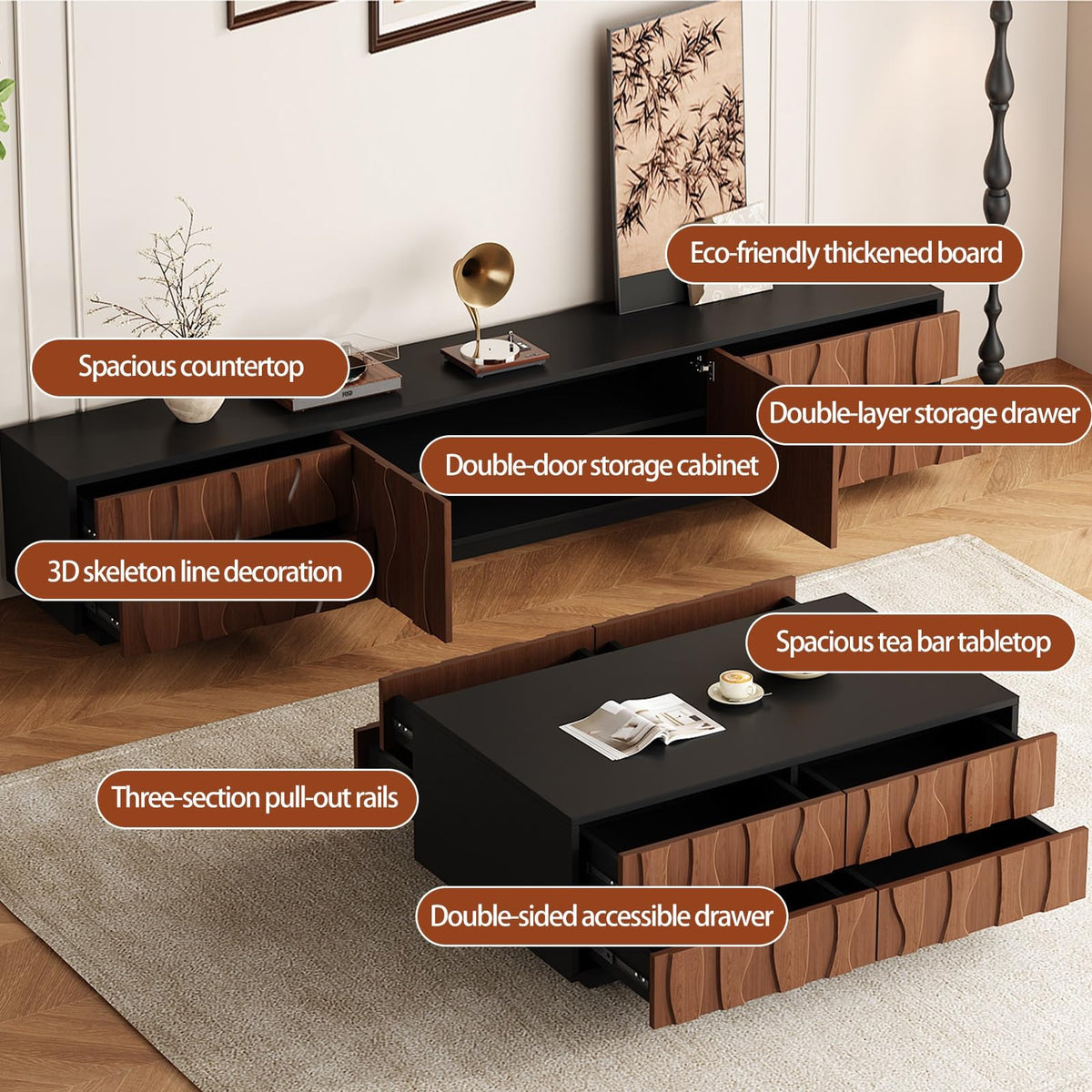 Wavy-Panel Media Console with Concealed Storage