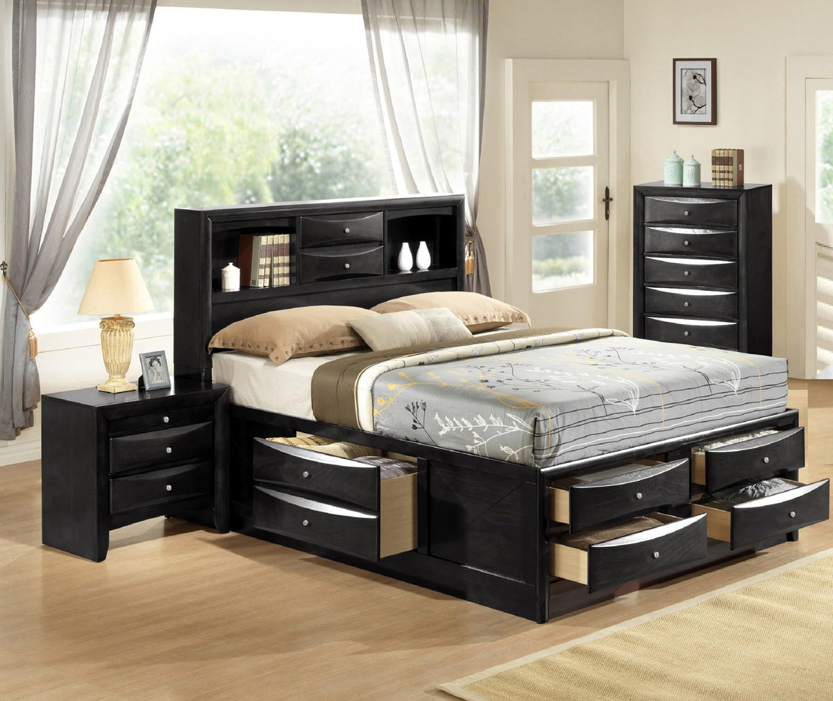 Black King Storage Bed with Bookcase Headboard