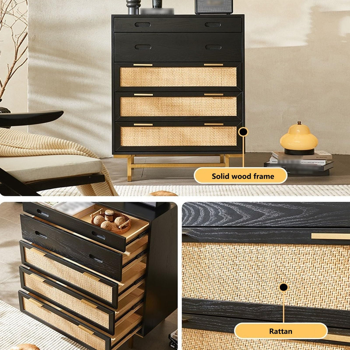 Wood and Rattan Four-Tier Drawer Chest