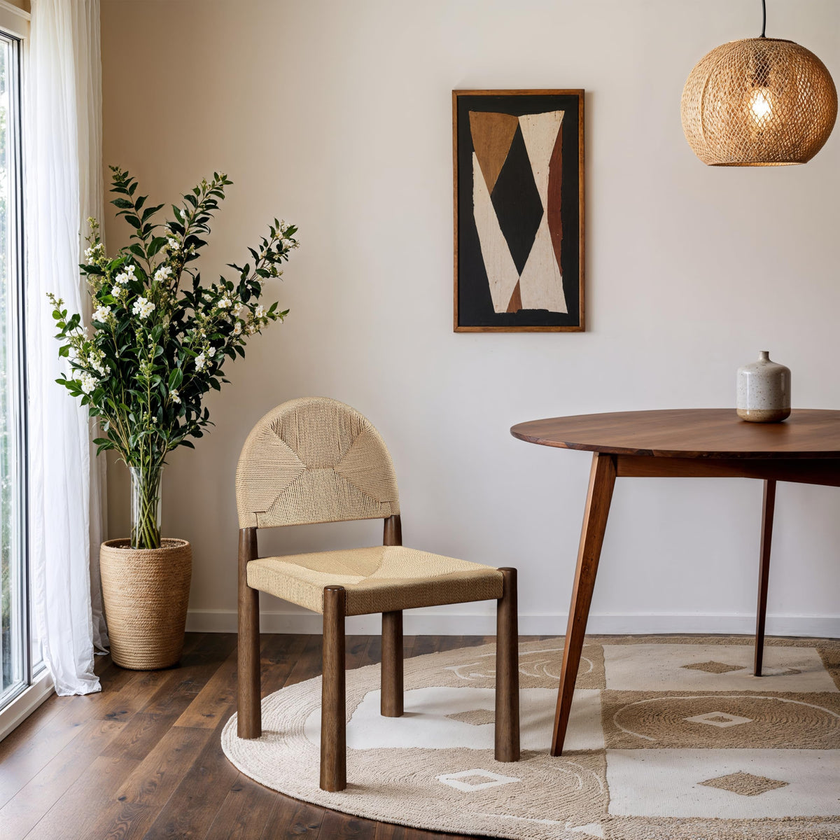 Woven Seagrass Wood Dining Chairs, Set of Two
